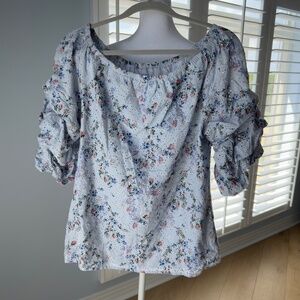 CeCe Ruffled Sleeve Blue and Pink Floral Blouse Size Large